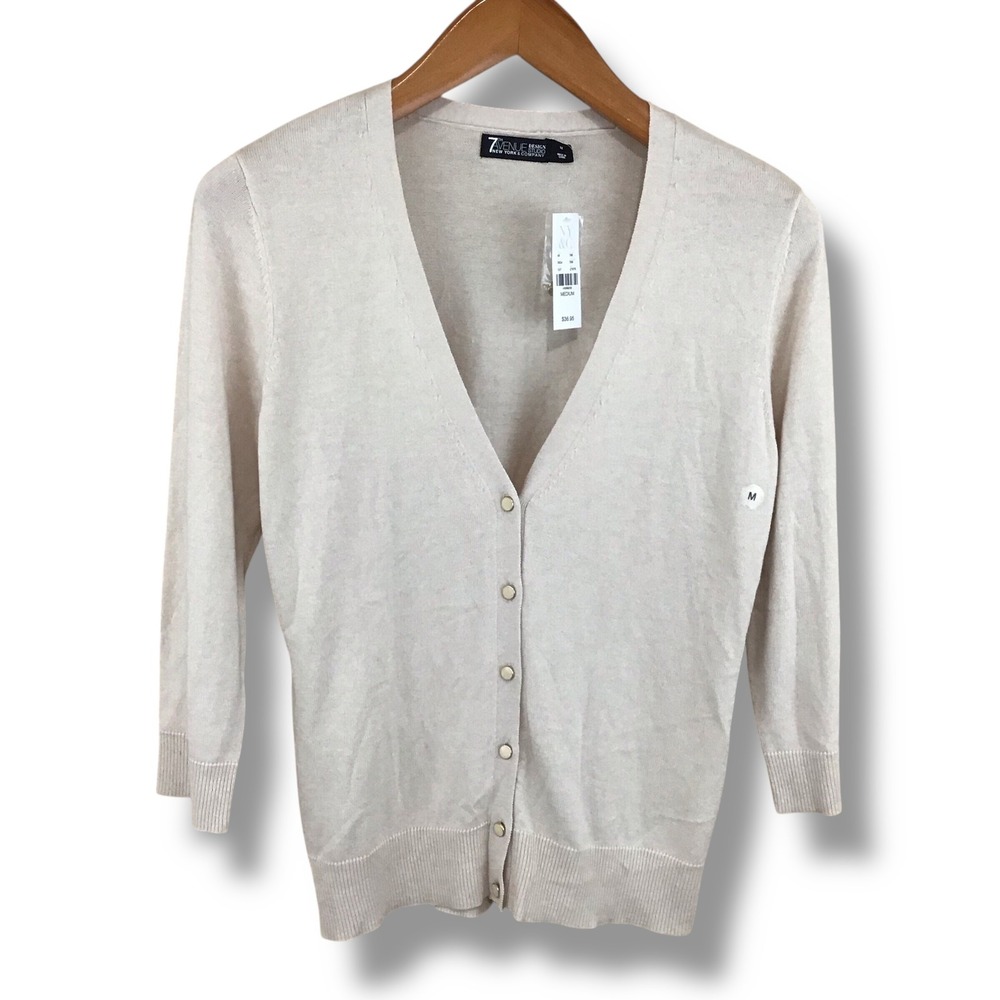 7th Avenue Design Studio Cardigan Sweater Beige V Neck Button Up M Academia